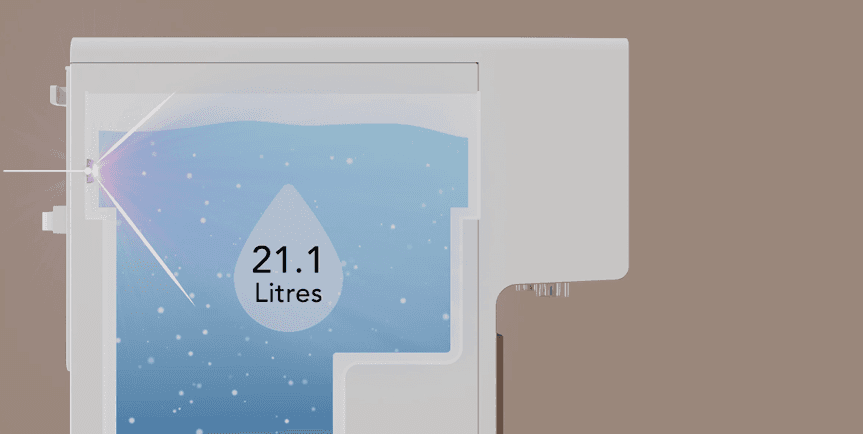 Water Dispenser with UV Filter showing 21.1 Litres tank